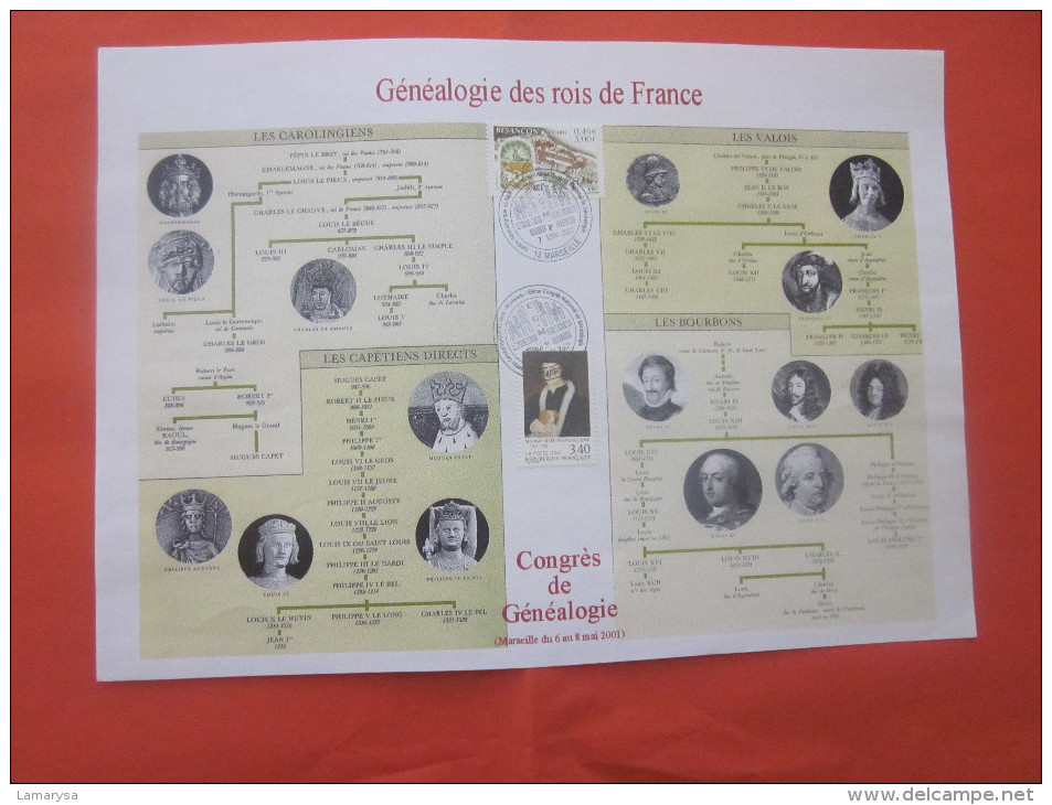 CAD COMMEMORATIF 7 MAI 2001 GENEALOGIE DES ROIS DE FRANCE BLOC FEUILLET 2 TIMBRES Congrés De Généalogie Marseille - Used