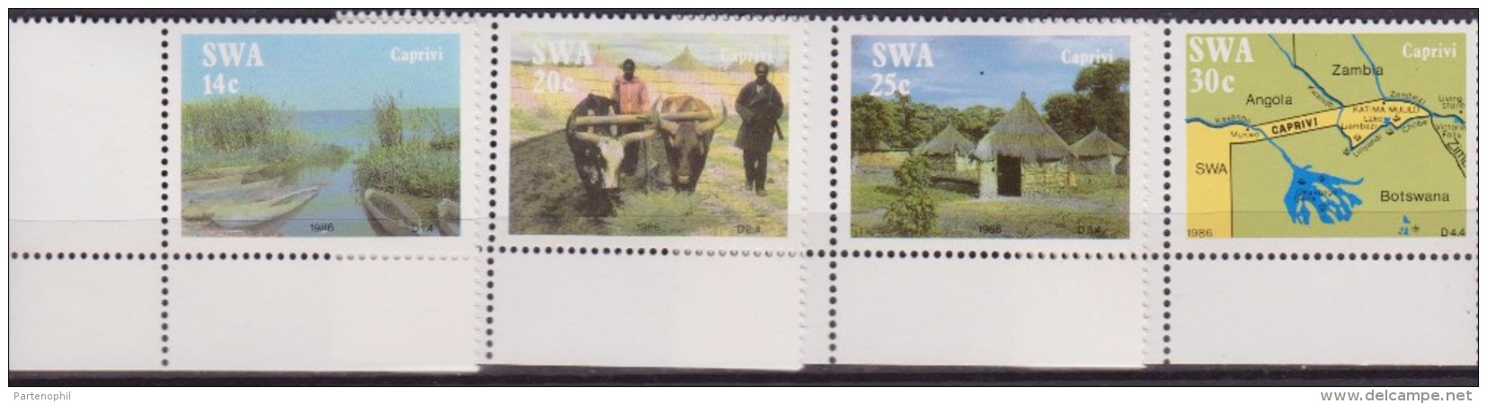 SWA 1986 Caprivi Strip Village/Map Boats/Canoes Cattle Ploughing/Oxen 4v MNH - Geografia