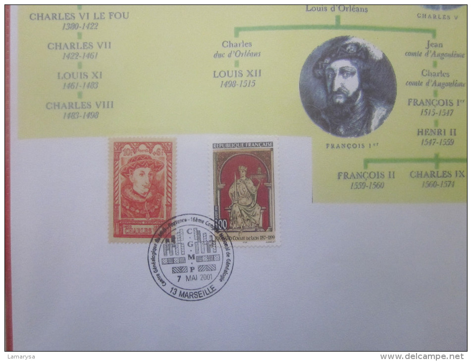 CAD COMMEMORATIF 7 MAI 2001 GENEALOGIE DES ROIS DE FRANCE BLOC FEUILLET 3 TIMBRES Congrés De Généalogie Marseille - Used