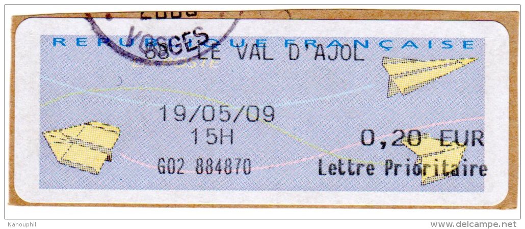 VIGNETTE LISA       "  LE VAL D'AJOL  "     Lettre Prioritaire  0.20 Euro    (sur Fragment) - 2000 Type « Avions En Papier »