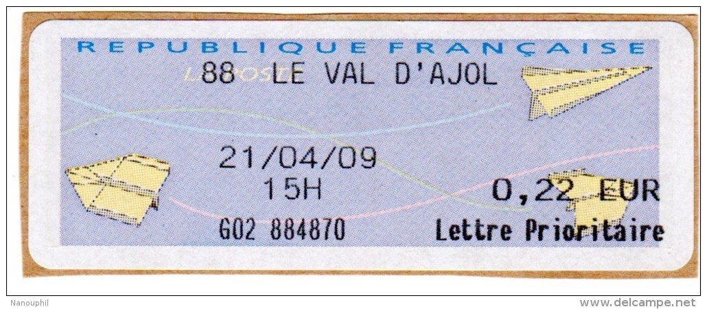 VIGNETTE LISA       "  LE VAL D'AJOL  "     Lettre Prioritaire  0.22 Euro    (sur Fragment) - 2000 Type « Avions En Papier »