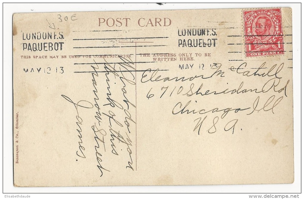 1912 - MARITIME - CARTE De GIBRALTAR Pour CHICAGO (USA) Avec RARE MECA PAQUEBOT LONDON F.S - Gibilterra