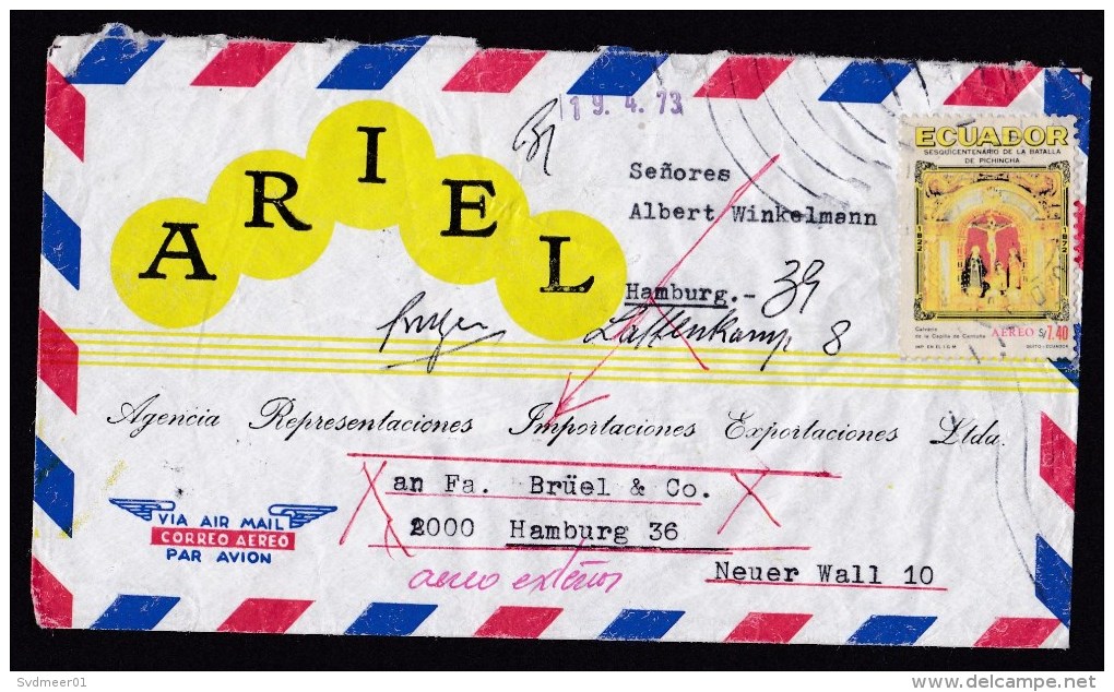 Ecuador: Airmail Cover To Germany, 1973, 1 Stamp, Battle, Christ, Postal Problem: 2 Adresses Written (minor Damage) - Ecuador