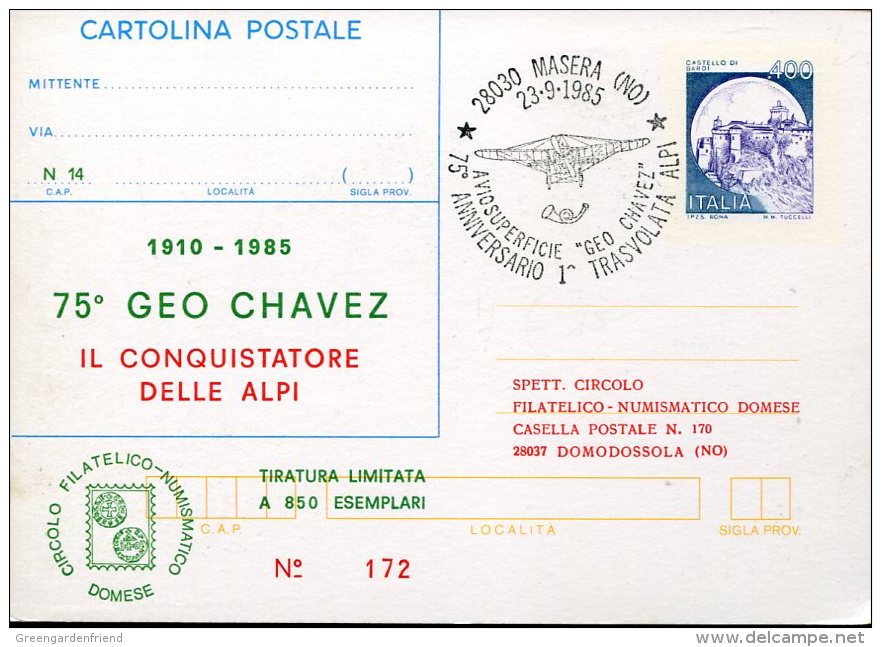 7802 Italia, Special Postmark 1985 Masera  75th Anniversary Of The Flight Of Geo Chavez - Flugzeuge