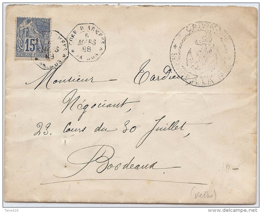 LBL37COL -COLONIES GÉNÉRALES 15c OBL. CORR. D’ARMÉES SAIGON 5/3/1888 CACHET S.CE A LA MER CARONADE - Scheepspost