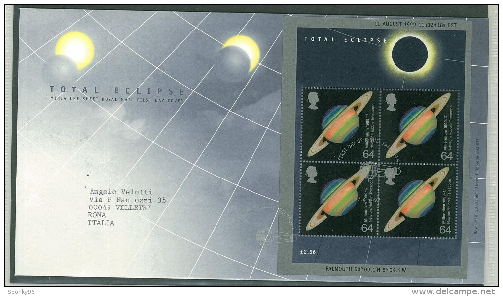 FDC GRAN BRETAGNA - GREAT BRITAIN - ROYAL MAIL- ANNO 1999 - TOTAL ECLIPSE - MINIATURE SHEET - FALMOUTH - - 1991-2000 Decimal Issues