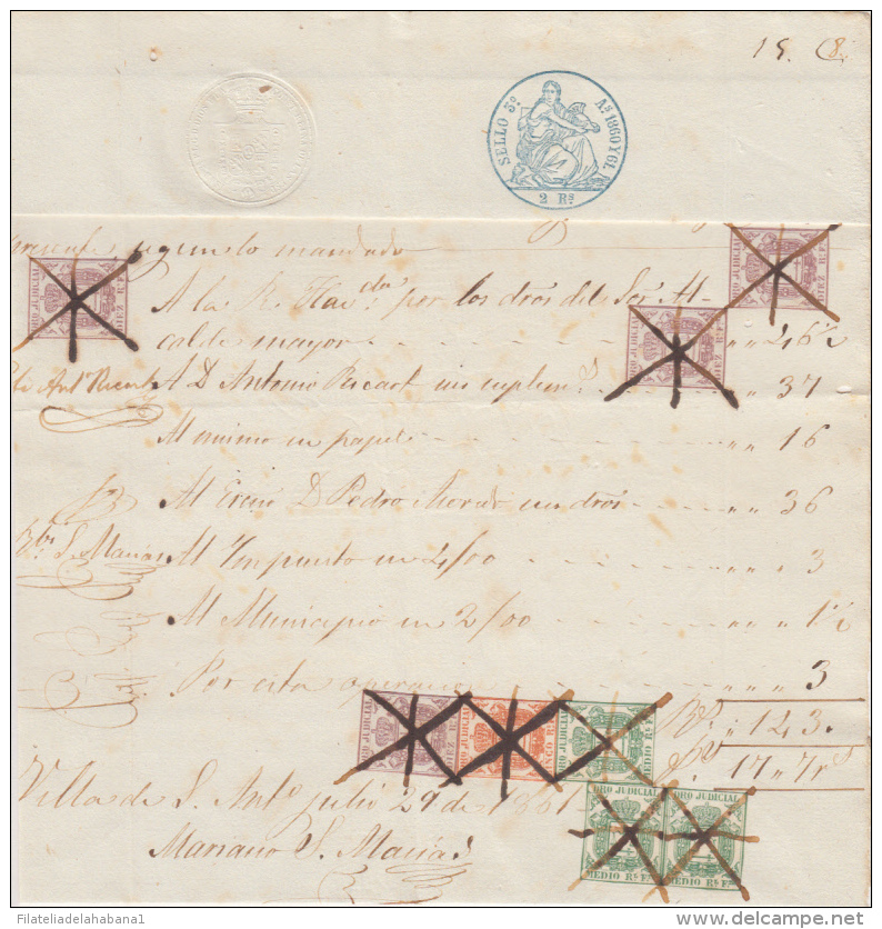 DER-53 CUBA SPAIN ESPAÑA (LG-515). REVENUE DERECHO JUDICIAL DOC. 1/2r VERDE + 10r BROWN 1861. - Strafport