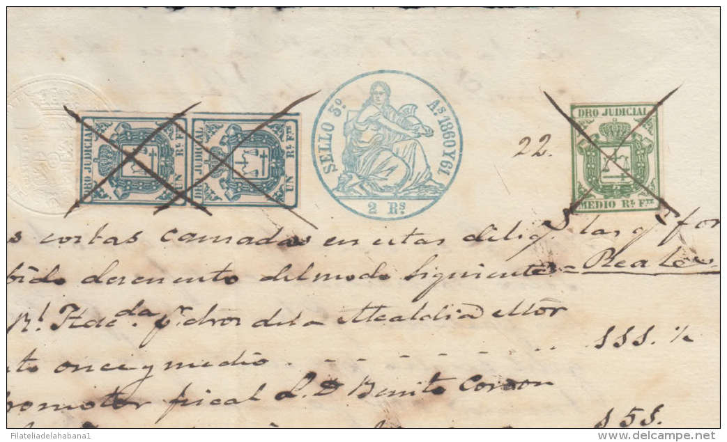 DER-54 CUBA SPAIN ESPAÑA (LG-516). REVENUE DERECHO JUDICIAL DOC. 1/2r VERDE + 1r BLUE + 10r BROWN 1861. - Strafport