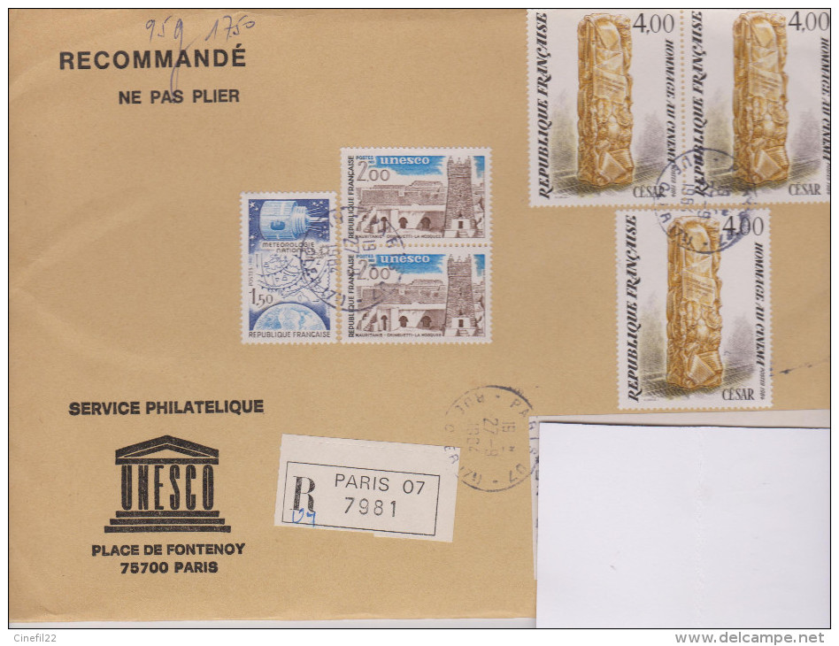 CINEMA - FRANCE / UNESCO, Hommage Au Cinéma, CESAR (x 3), Sur Lettre Avec Timbres De L'UNESCO, 1984, Rare !.... - Cinema