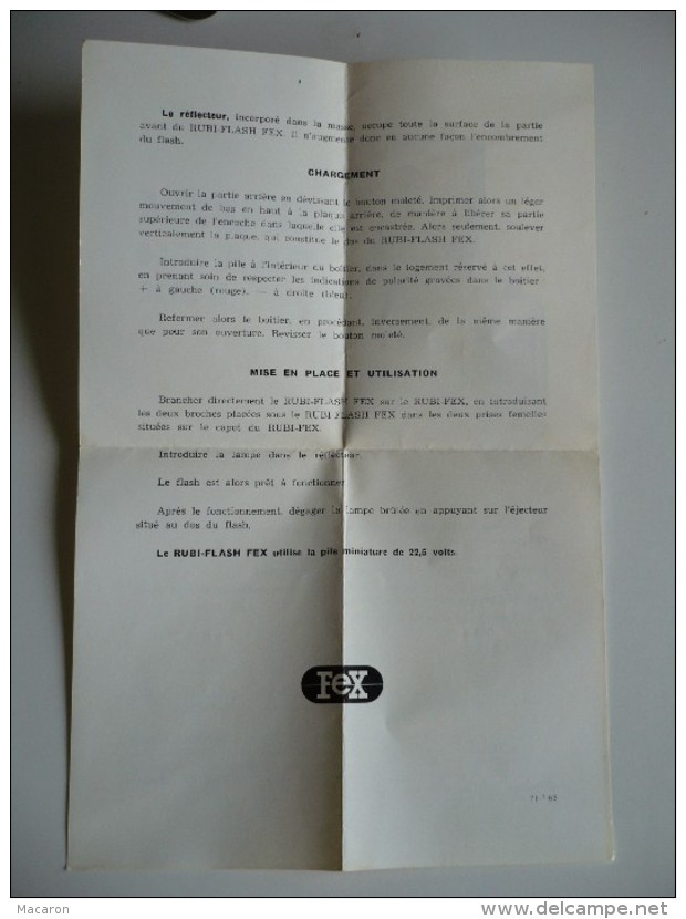 NOTICE Mode D'Emploi Appareil PHOTO RUBI FLASH FEX. 1963. Feuille 16x24,5 Cm Pliée En 4. TRES BON ETAT - Appareils Photo