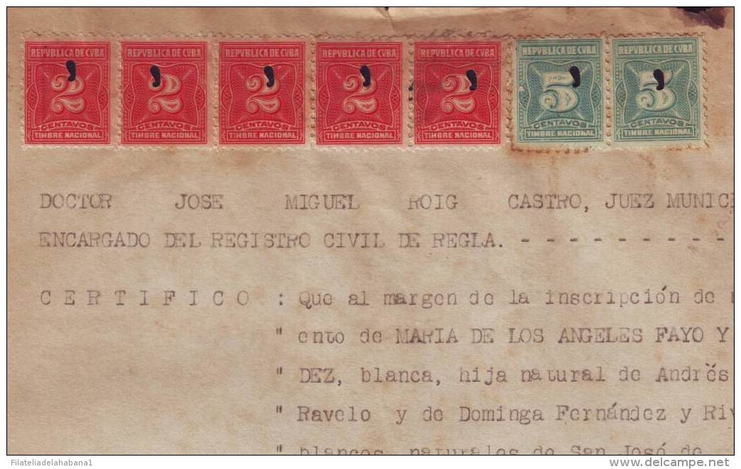 REP-70 CUBA REVENUE (LG-535). SELLOS DEL TIMBRE DOC. 2c ROJO + 5c VERDE. 1936. - Timbres-taxe