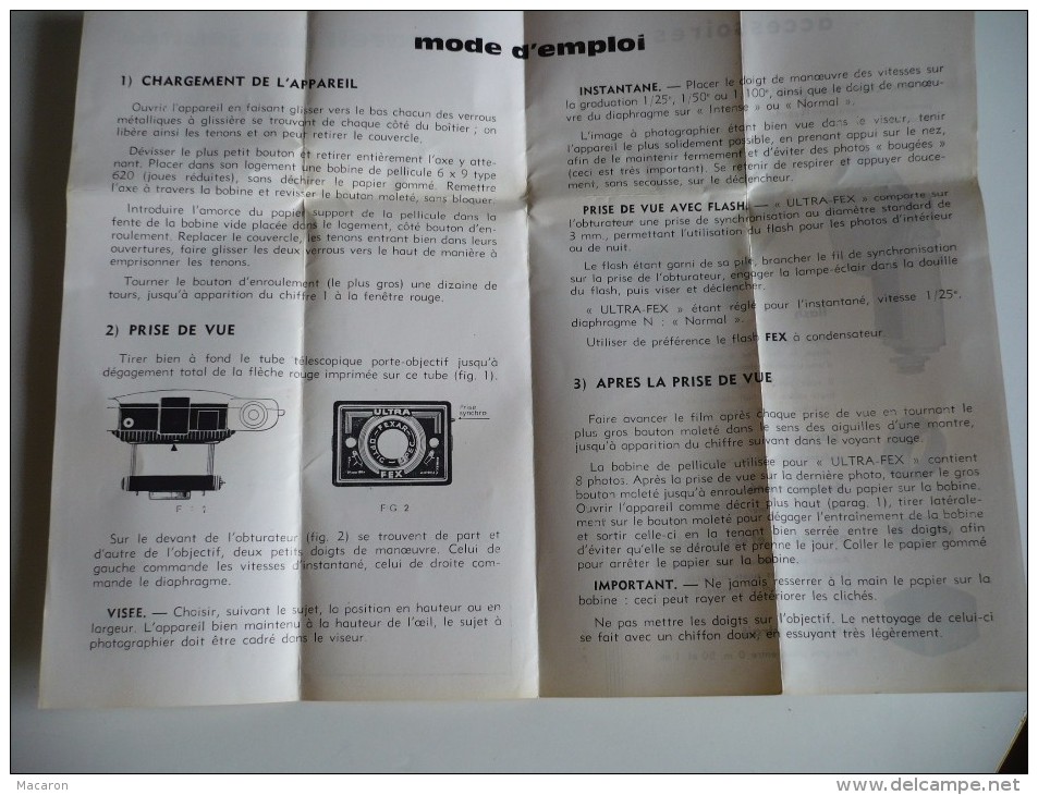 NOTICE Mode Emploi Appareil PHOTO ULTRA FEX 6x9 équipé Du Flash FEX. L'Appareil Des Jeunes.1966. 4 Pages 13,5x21 Cm. TBE - Appareils Photo