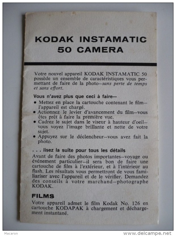 NOTICE Appareil PHOTO KODAK INSTAMATIC 50 CAMERA. Dépliant 6 Pages 24/8x 12,5 Cm. Printed In USA. TBonEtat - Fotoapparate