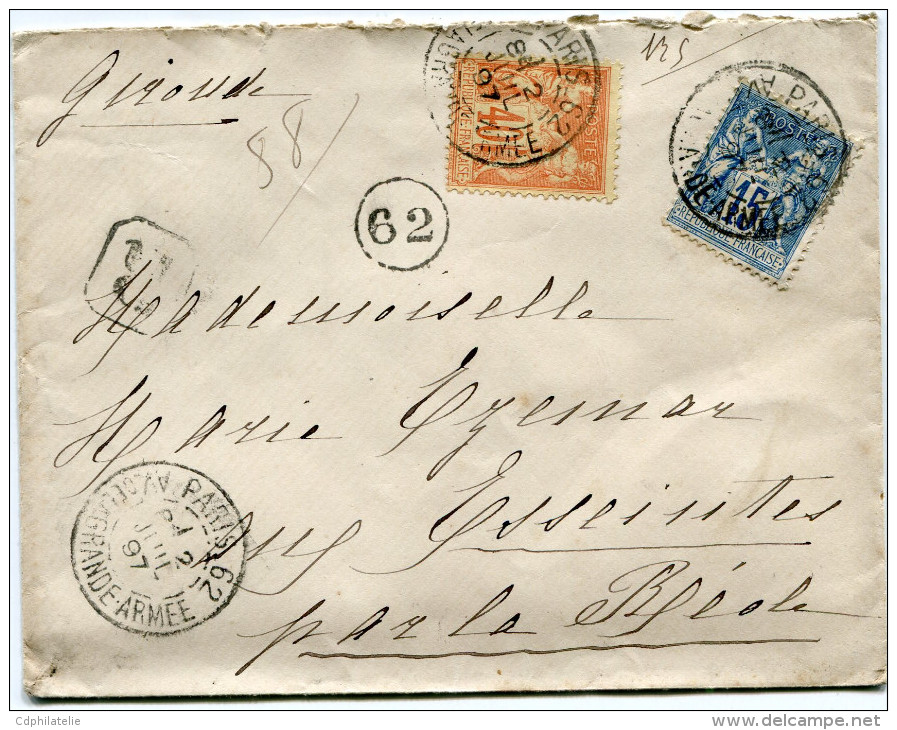 FRANCE LETTRE RECOMMANDEE CHARGEE AFFRANCHIE AVEC UN N°94 ET UN N°101 DEPART PARIS 2 JUIL 97 AV. DE LA GRANDE ARMEE..... - 1877-1920: Période Semi Moderne