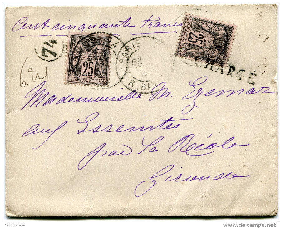 FRANCE LETTRE CHARGEE AFFRANCHIE AVEC DEUX N°97 DEPART PARIS 7 OCT 97 R. BAYEN POUR LA FRANCE - 1877-1920: Période Semi Moderne