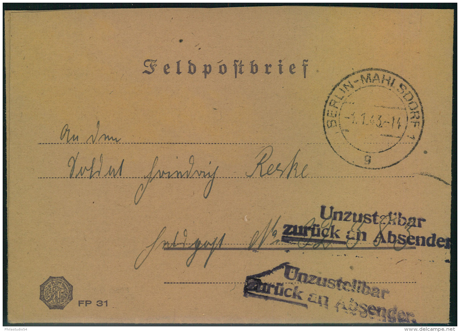 1943, Feldpostbrief Ab BERLIN-MAHLSDORF 1.1.43 An FP-Nummer 32383 (Nachschubkomp. 376). ""Unzustellbar Zurück"", Da Die - Altri & Non Classificati