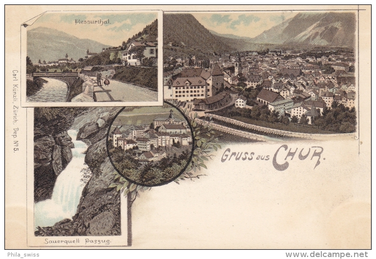 Chur, Gruss Aus - Farbige Litho - Plessurthal, Sauerquell Passug - Coire