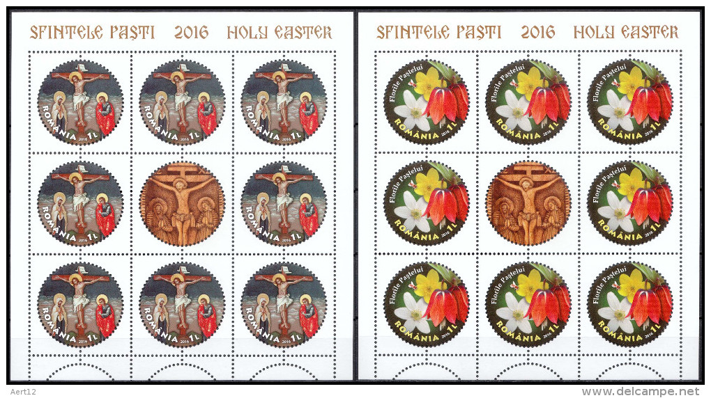 ROMANIA, 2016, HOLY EASTER, Religion, Painting, Flowers, Round Stamp, 2 Sheets, 8 Stamps/sheet, MNH (**), LPMP 2098 - Neufs