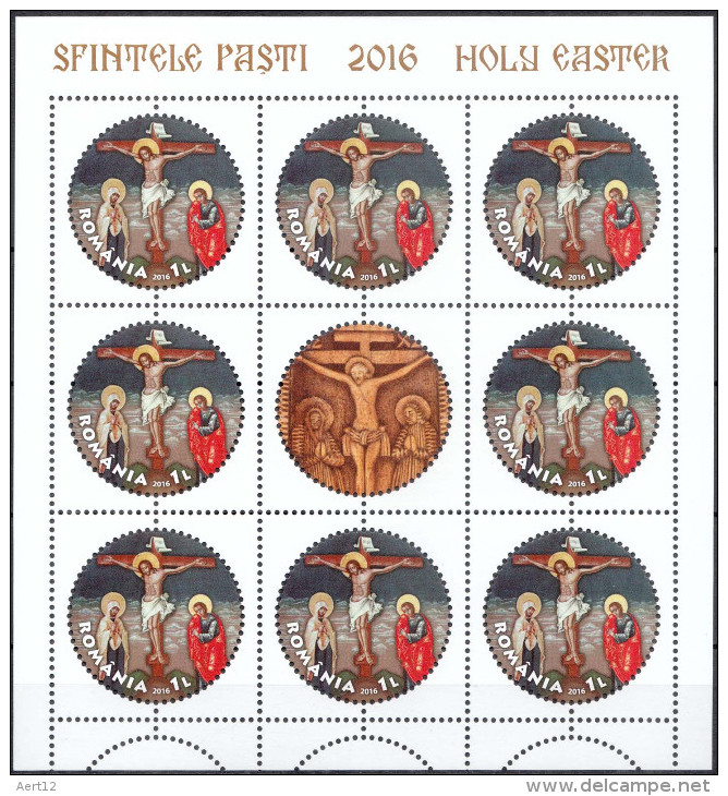 ROMANIA, 2016, HOLY EASTER, Religion, Painting, Flowers, Round Stamp, 2 Sheets, 8 Stamps/sheet, MNH (**), LPMP 2098 - Neufs