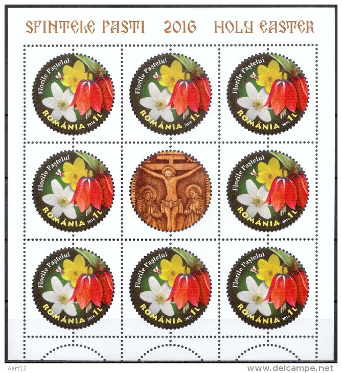 ROMANIA, 2016, HOLY EASTER, Religion, Painting, Flowers, Round Stamp, 2 Sheets, 8 Stamps/sheet, MNH (**), LPMP 2098 - Unused Stamps