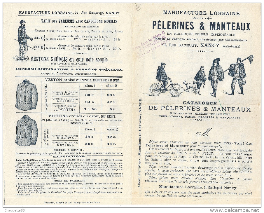 MANUFACTURE LORRAINE -CATALOGUE DE PELERINES & MANTEAUX EN MOLLETON DOUBLE IMPERMEABLE  NANCY - 1800 – 1899