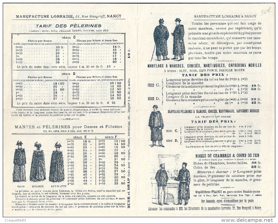 MANUFACTURE LORRAINE -CATALOGUE DE PELERINES & MANTEAUX EN MOLLETON DOUBLE IMPERMEABLE  NANCY - 1800 – 1899