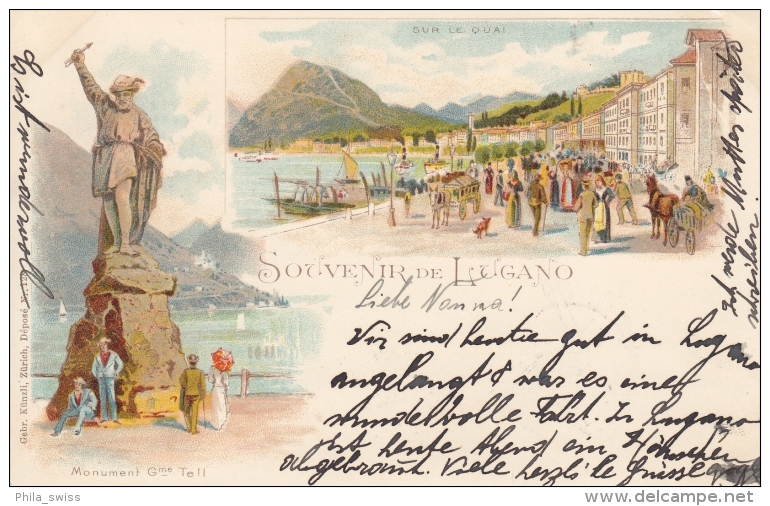 Lugano, Souvenir De - Farbige Litho - Sur Le Quai, Monument Gme Tell - Lugano