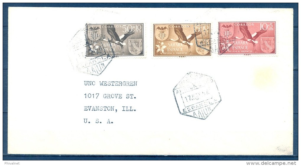 1958 , AFRICA OCCIDENTAL , SOBRE CIRCULADO A EVANSTON , MAT. CORREO AÉREO AAIUN , ED. SAHARA 146/148 - Sahara Español