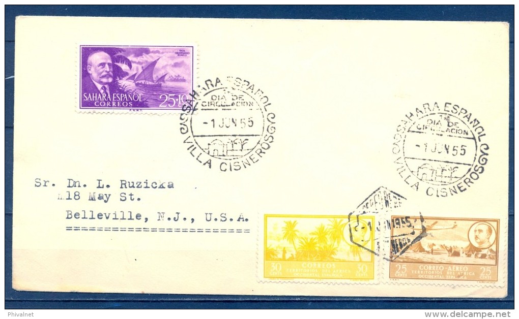 1955 , SAHARA ESPAÑOL , VILLA CISNEROS , PRIMER DIA , MAT. CORREO AÉREO , CIRCULADO A BELLEVILLE - Spanische Sahara
