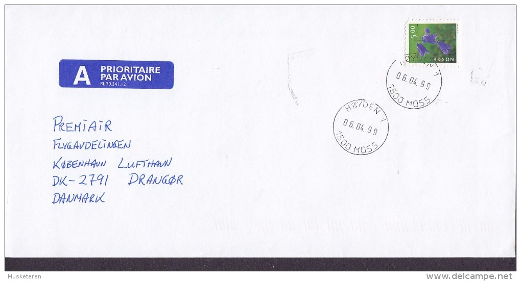 Norway A PRIORITAIRE Par Avion Label HØYDEN (1.) Moss 1999 Cover Brief Denmark Flower Blume Stamp - Briefe U. Dokumente