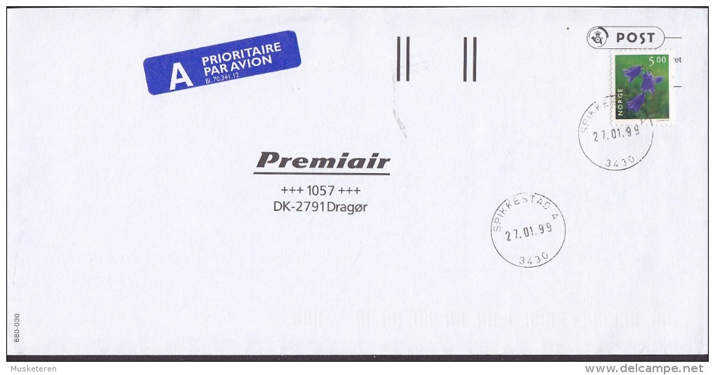 Norway A PRIORITAIRE Par Avion Label SPIKKESTAD 1999 Cover Brief Denmark Flower Blume Stamp - Briefe U. Dokumente