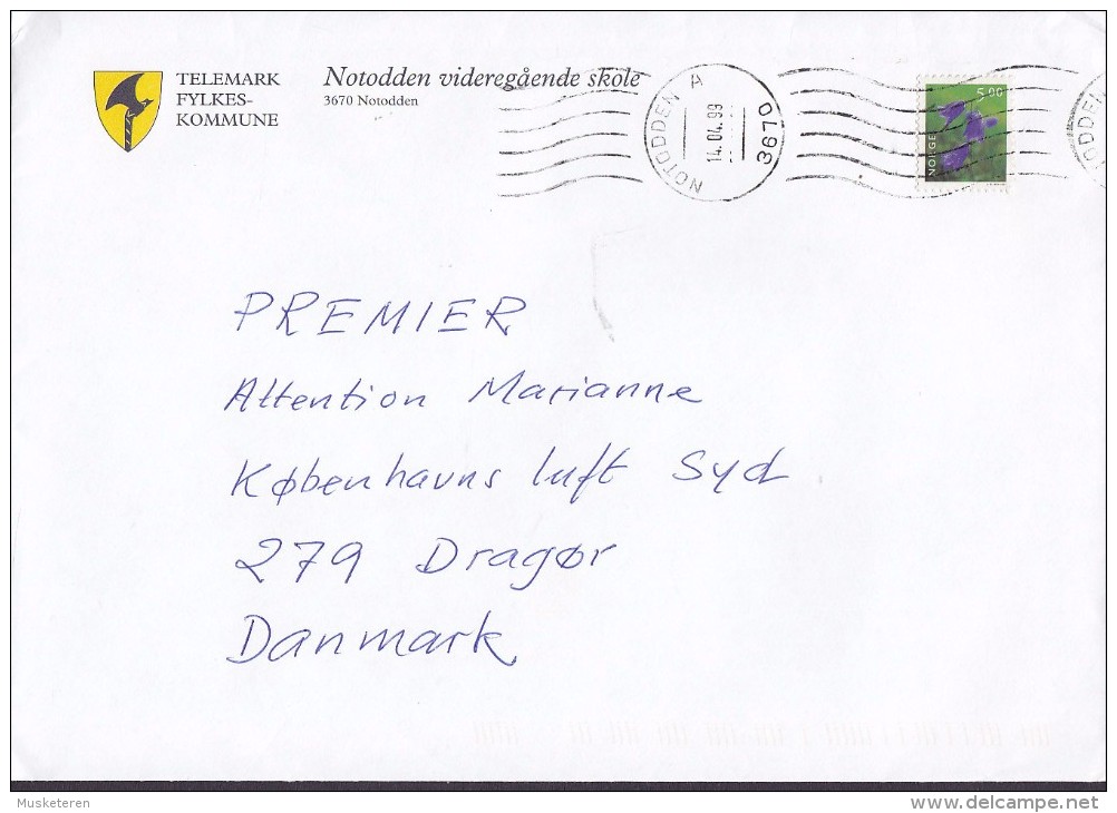 Norway TELEMARK FYLKESKOMMUNE, NOTODDEN 1999 Cover Brief Denmark Axe Cachet Flower Blume Stamp - Briefe U. Dokumente