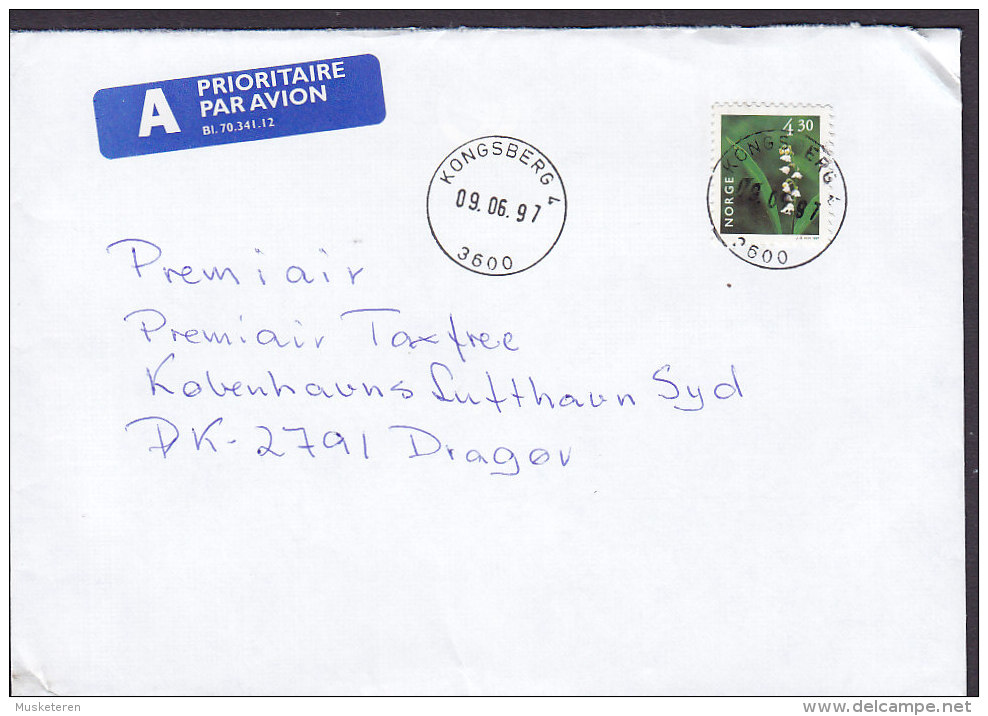 Norway A PRIORITAIRE Par Avion Label KONGSBERG 1997 Cover Brief DRAGØR Denmark Flower Blume Stamp - Briefe U. Dokumente