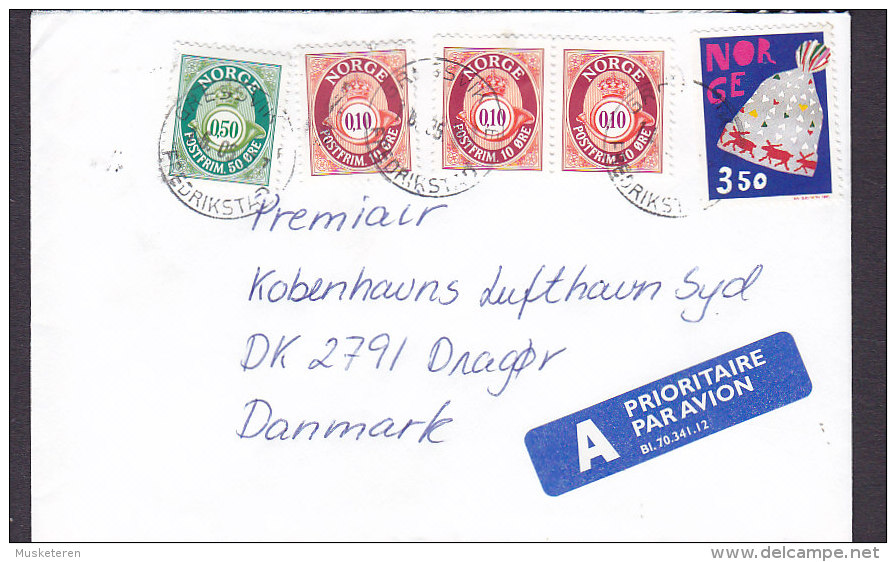 Norway A PRIORITAIRE Par Avion Label GRESSVIK Fraderikstad 1997 "Petite" Cover Brief Denmark 4x Posthorn & Mütze Stamp - Briefe U. Dokumente