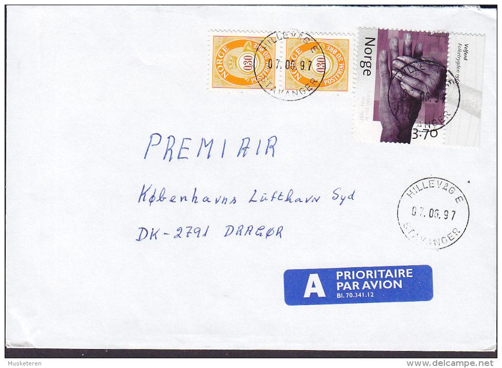 Norway A PRIORITAIRE Par Avion Label HILLEVÅG Stavanger 1997 Cover Brief Denmark 2x Posthorn "Velferd" W. Margin Stamps - Briefe U. Dokumente