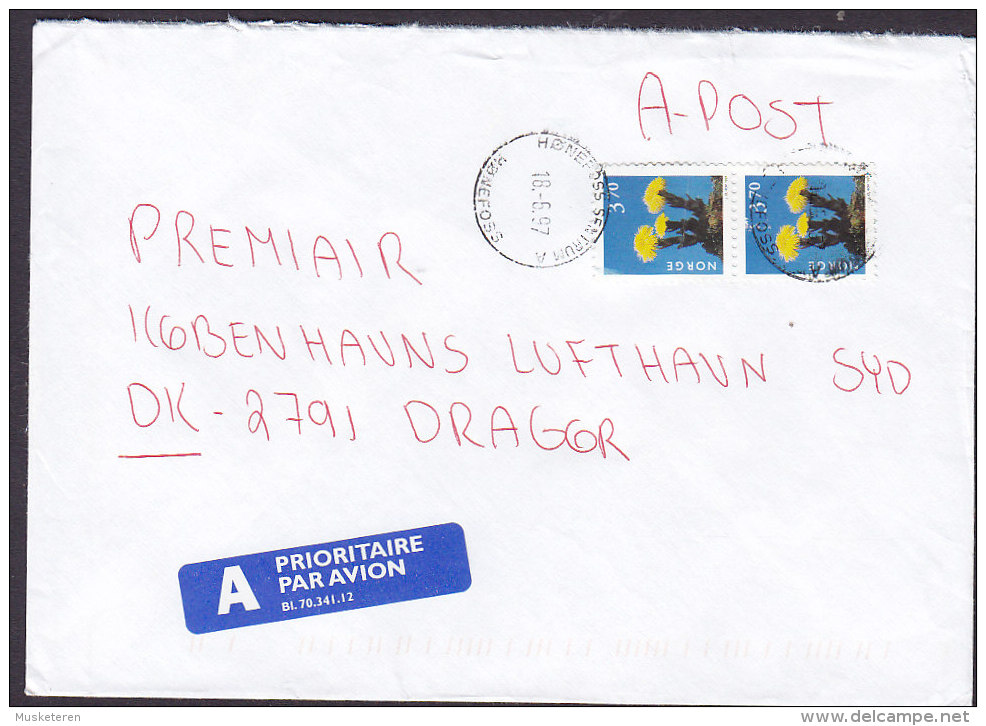 Norway A PRIORITAIRE Par Avion Label HØNEFOSS SENTRUM Hønefoss 1997 Cover Brief Denmark 2x Flower Blume Stamp - Briefe U. Dokumente