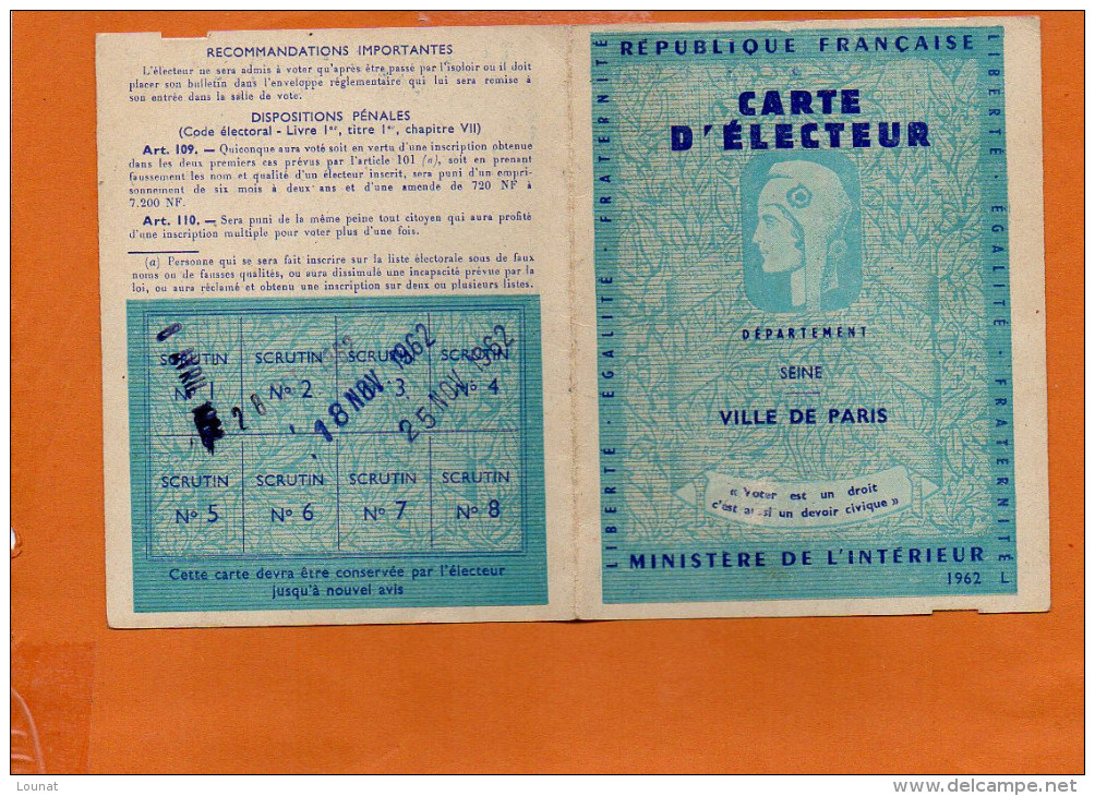 Carte D´électeur - Paris 7ème Arrondissement Vote De 1962 - Ecole Libre St Thomas D'Aquin, Rue De Grenelle - Autres & Non Classés