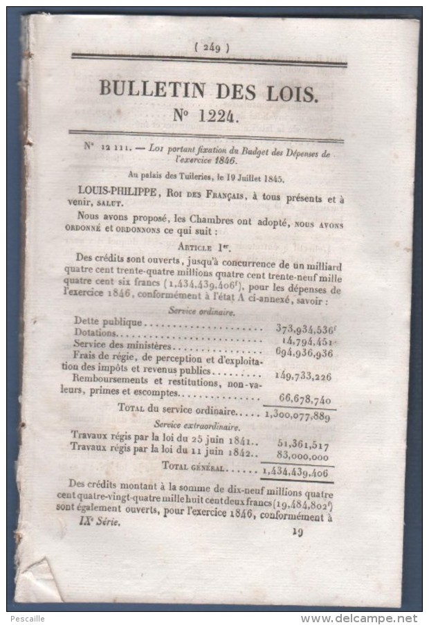 1845 BULLETIN DES LOIS - BUDGET 1846 - CHEMINS DE FER - COMPTOIR D'ESCOMPTE ALGER - MINISTERE DE LA GUERRE - Décrets & Lois