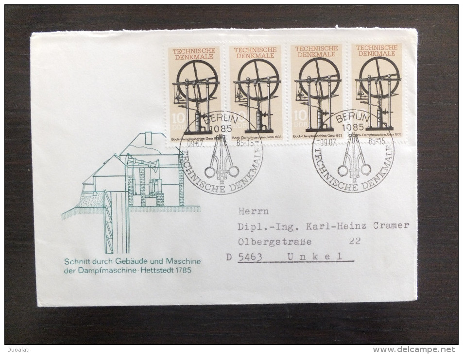 DDR Germany 1985 FDC Auf R-Brief Technische Denkmale Dampfmaschine Einschreiben Berlin R Letter - Fábricas Y Industrias