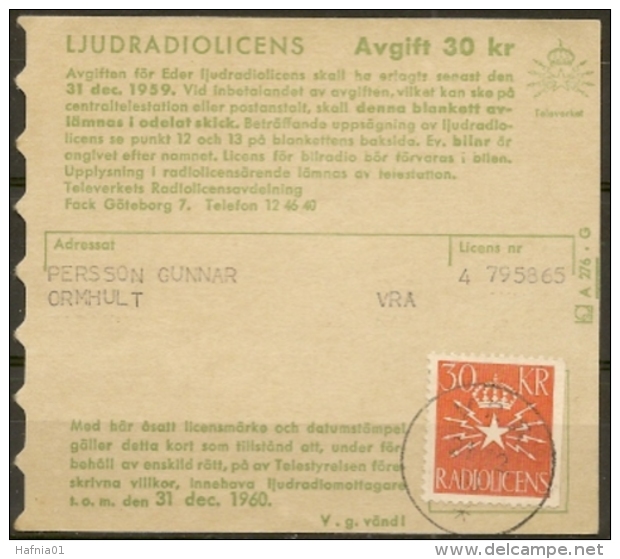 Czeslaw Slania. Sweden 1960. Radio License Card With Radio Licence Label. - Fiscaux