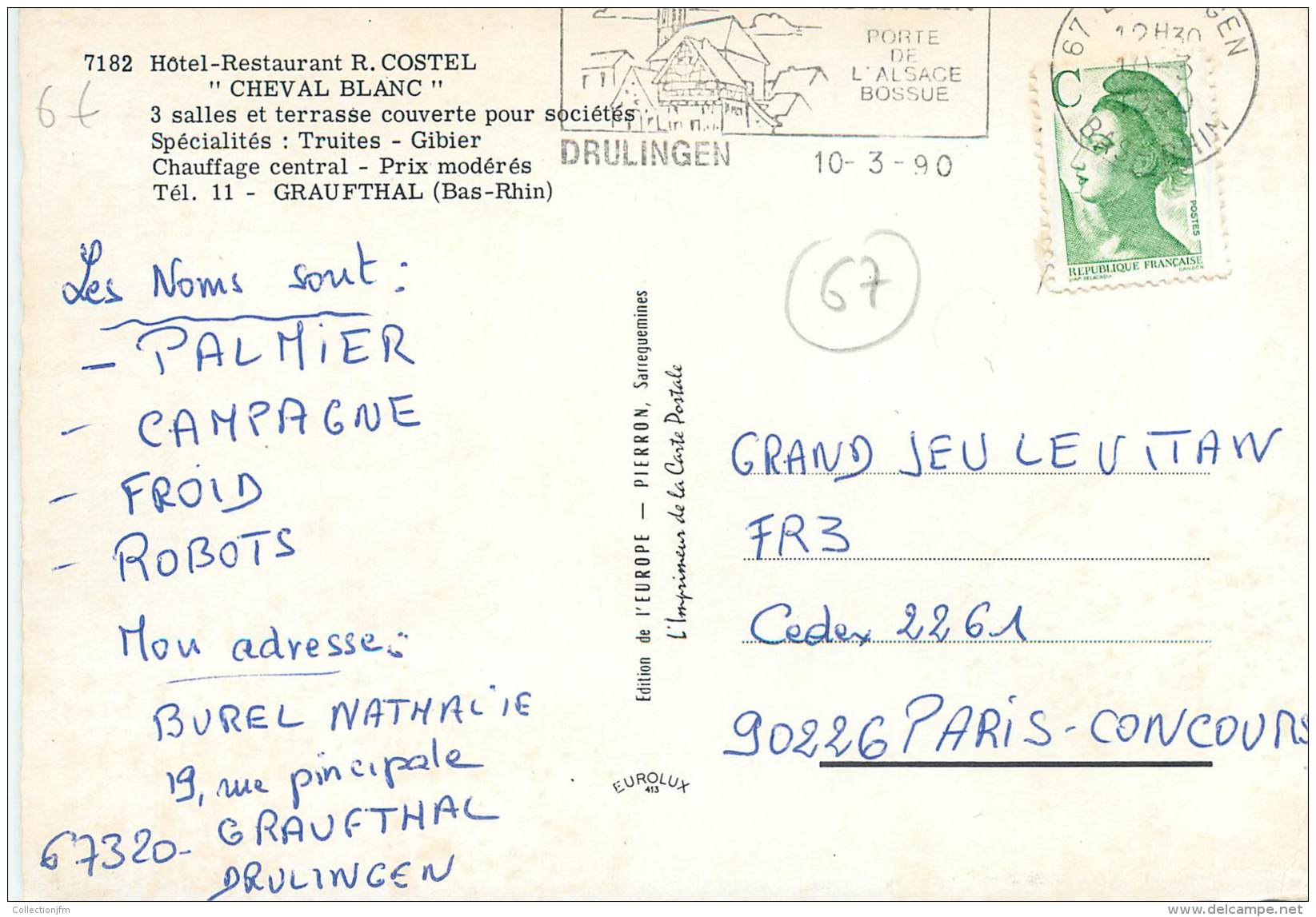 / CPSM FRANCE 67 "Graufthal, Hôtel Restaurant Cheval Blanc" - Altri & Non Classificati