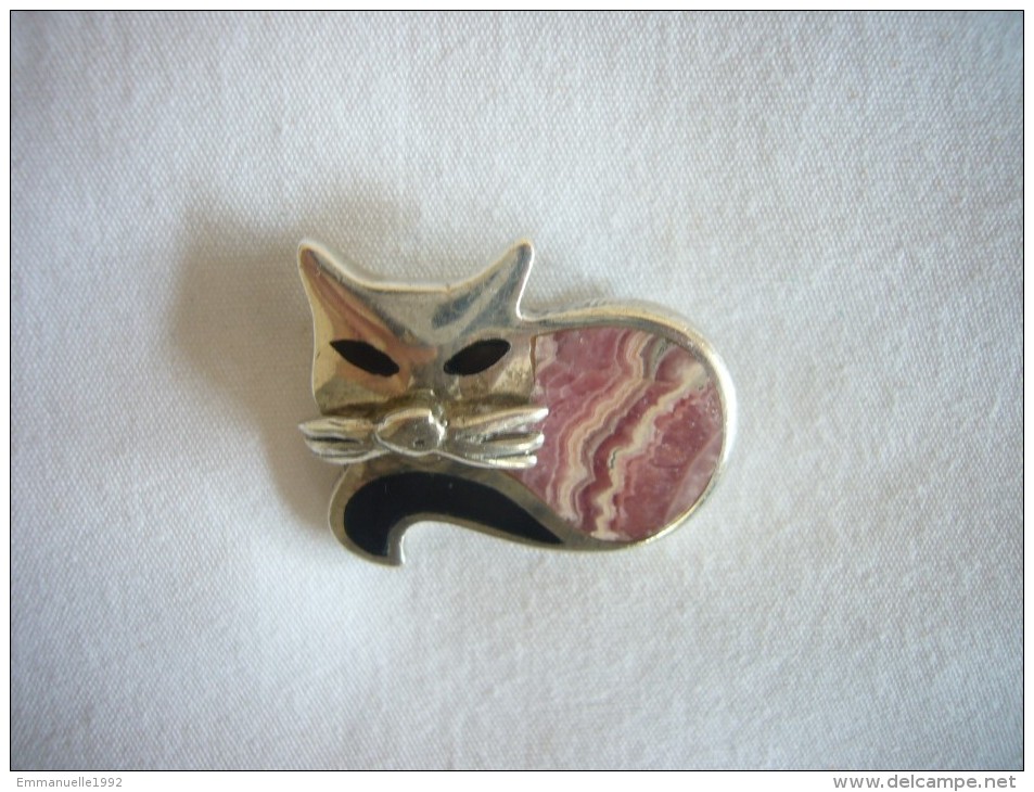 Neuf - Broche En Argent 925 En Forme De Chat Serti De Pierre Rhodoite Rose D'Argentine - Brooches