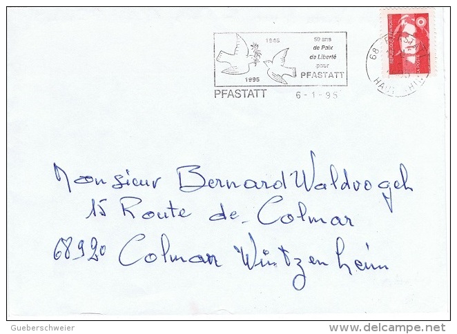 PIG-L26 - FRANCE Belle Flamme Sur Lettre De Pfastatt Avec Colombes De La Paix - Columbiformes