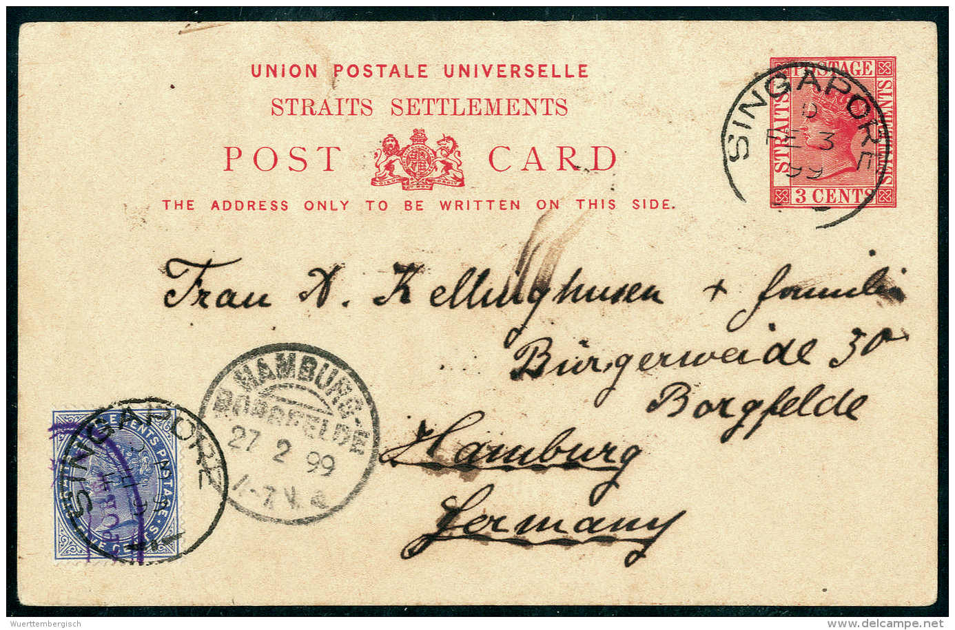 Beleg Straits Settlements 5 C. Als Zusatzfrankatur Auf Tadelloser Auslands-Postkarte Victoria 3 C. Rot Nach Hamburg... - Other & Unclassified