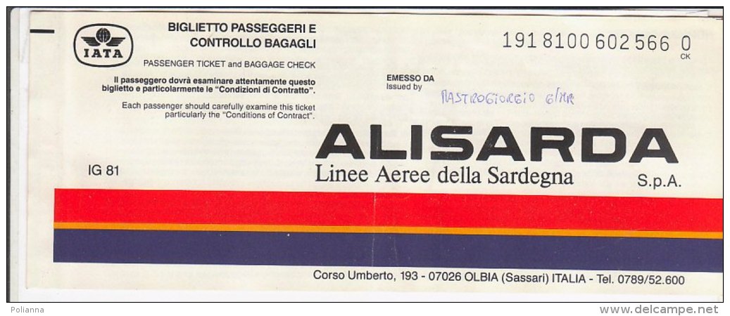 B1616 - CARTA D&acute;IMBARCO - BIGLIETTO AEREO TICKET IATA - ALISARDA LINEE AEREE SARDEGNA - MILANO-ROMA 1993 - Europe