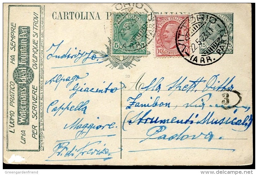 7864 Italia, Circuled Stationery 1923  With Advertising Of The Watermans Ideal Fountain Pen - Entero Postal