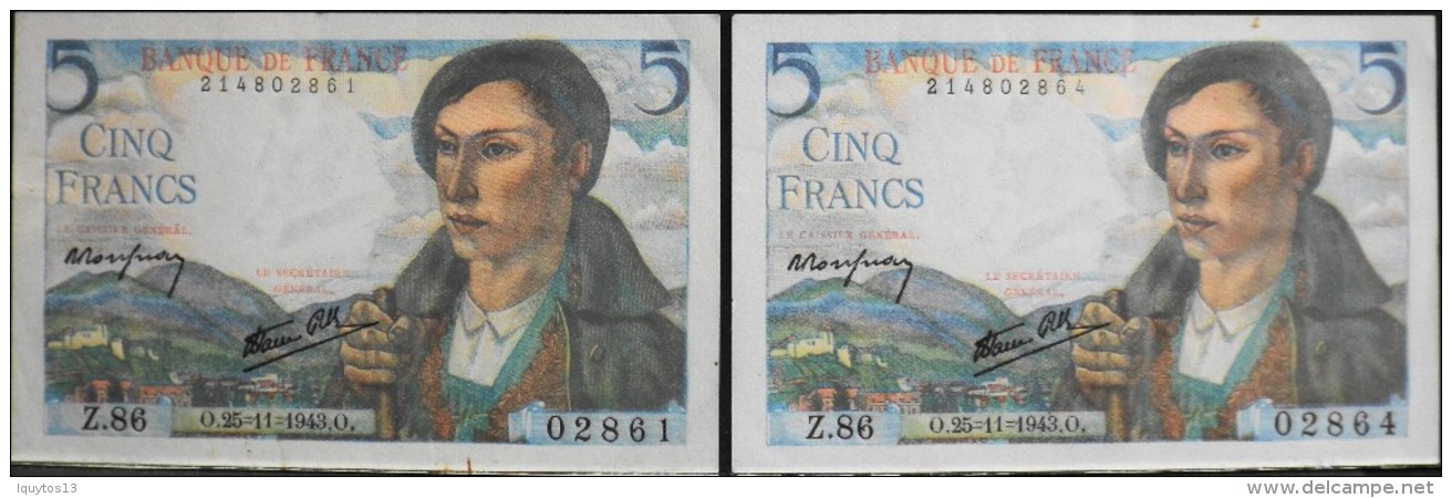 FRANCE 2 BILLETS De BANQUE De 5Francs Type Berger - O.25=11=1943.O. - 5 F 1943-1947 ''Berger''