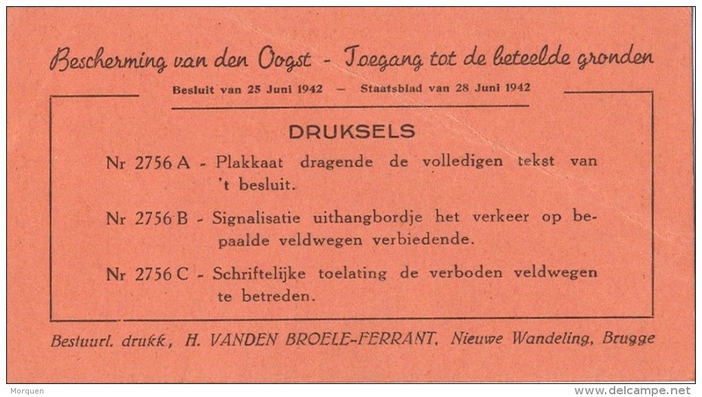 17643. Tarjeta Privada Preobliterado  BRUGGE (Belgien) 1942. Roulotte.proteccion De Las Cosechas - Roller Precancels 1900-09