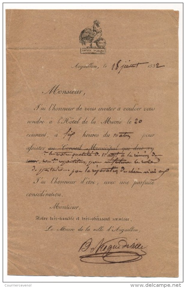 AIGUILLON (Lot Et Garonne) - Convocation à Une Réunion (conseil Municipal ?) 1832 - Coq (ordre Public) En Haut - Documents Historiques