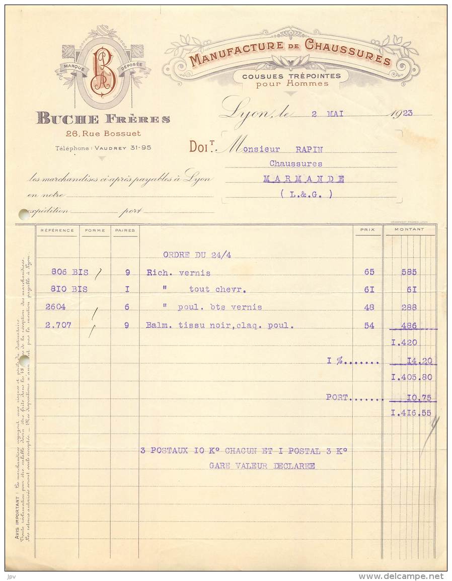 FACTURE LETTRE : LYON  - CHAUSSURES COUSUES TREPOINTES - BUCHE FRERES - 1923 - Andere & Zonder Classificatie